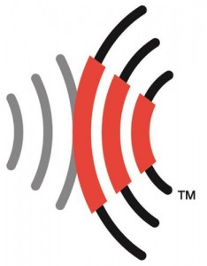 RFID Consortium licensed products logo consists of two sets of opposing concentric curves using three colors: red, grey and black